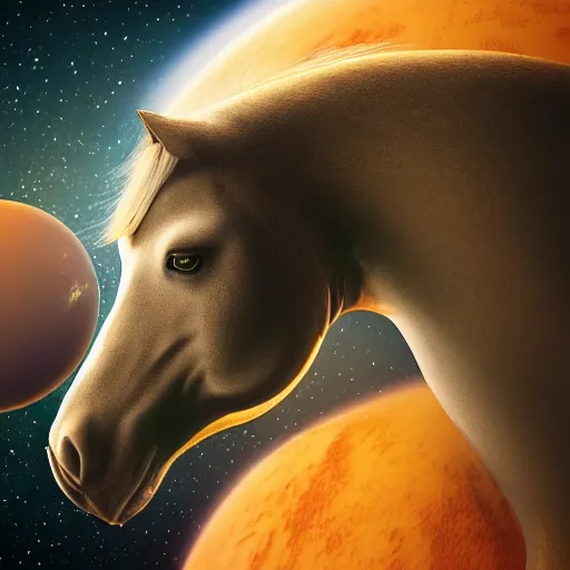 Image similar to horse wearing a space suit floating in outer space, highly detailed, stars in the background, nasa picture, 4 k, octane render, highly realistic photograph