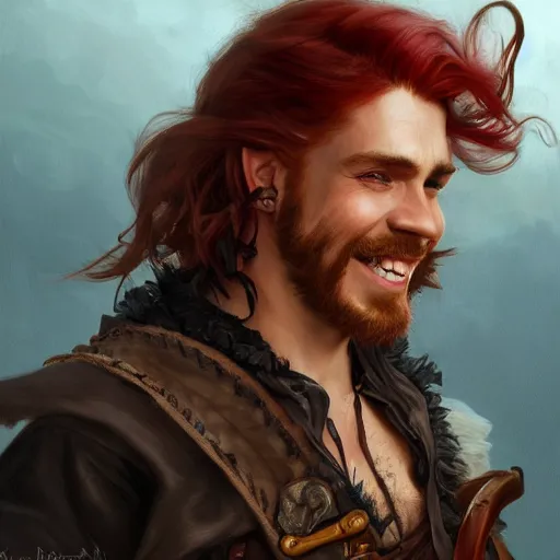 Image similar to portrait of a young rugged pirate, smiling, male, masculine, handsome, upper body, red hair, long hair, D&D, fantasy, intricate, elegant, highly detailed, digital painting, artstation, concept art, matte, sharp focus, illustration, art by Artgerm and Greg Rutkowski and Alphonse Mucha