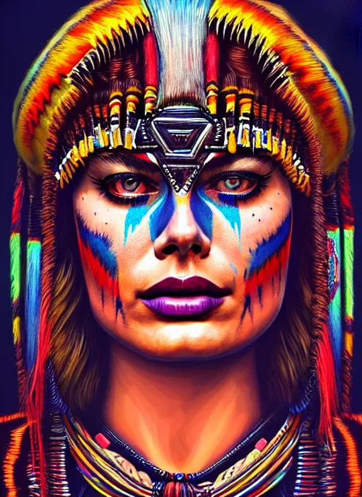 Image similar to portrait of margot robbie, hyper detailed ultra sharp aztec shaman warrior. trending on artstation, warpaint aesthetic, bloodwave, colorful, psychedelic, ornate, intricate, digital painting, concept art, smooth, sharp focus, illustration, art by artgerm and greg rutkowski and h. r. giger, 8 k