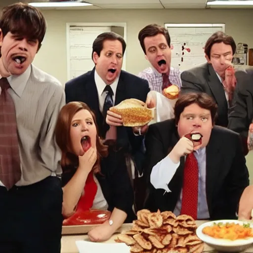 Prompt: The cast of The Office having a food fight, cinematic, high detail