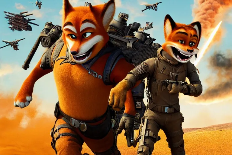 Image similar to nick wilde, heavily armed and armored facing down armageddon in a dark and gritty reboot from the makers of mad max : fury road : witness me