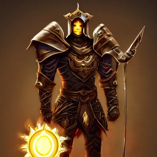 Image similar to animated armor that looks with a sun emblem on his chest, far - mid shot photo, style of magic the gathering, dungeons and dragons, fantasy, intimidating