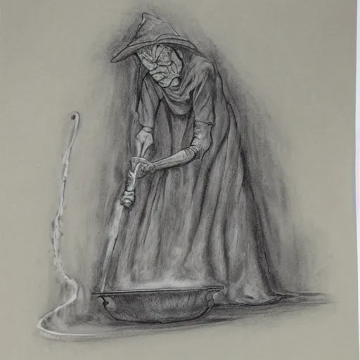 Image similar to An old wrinkled witch stirring her cauldron. Art made with red chalk on paper mounted on board.