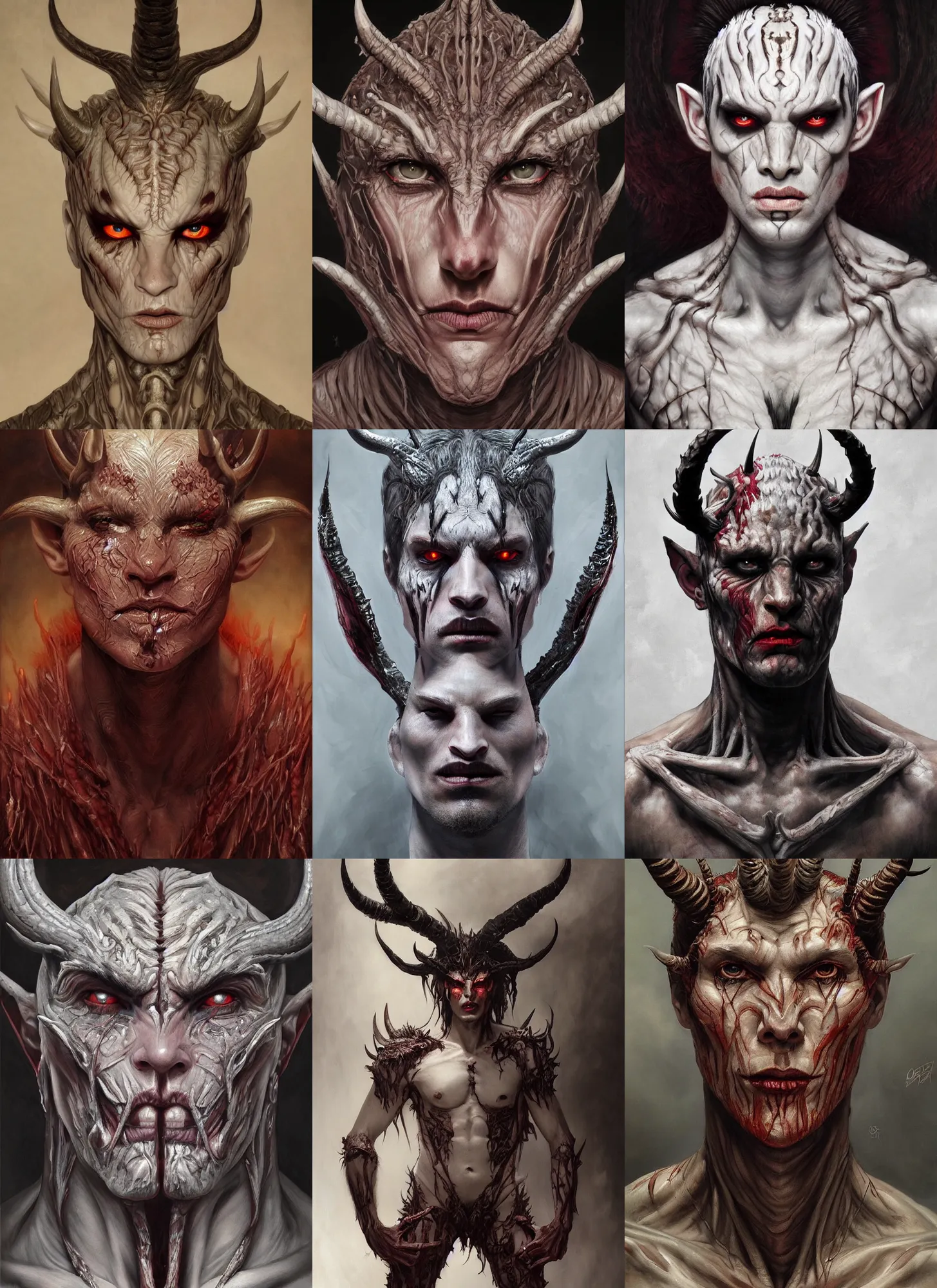 Prompt: half demon half human devil man intricate skin pattern texture, elegant, peaceful, full body, white horns, hyper realistic, extremely detailed, dnd character art portrait, fantasy art, intricate fantasy painting, dramatic lighting, vivid colors, deviant art, artstation, by edgar maxence and caravaggio and michael whelan and delacroix.