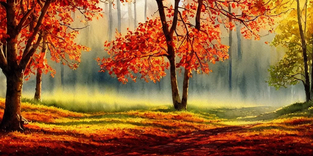 Image similar to autumn nature landscape, watercolor, ultra realistic, highly detailed, hd, sharp focus, cinematic lighting, warm colors, realistic, photorealistic, vivid colors, painting, digital art, non blurry, sharp, artstation, smooth, illustration