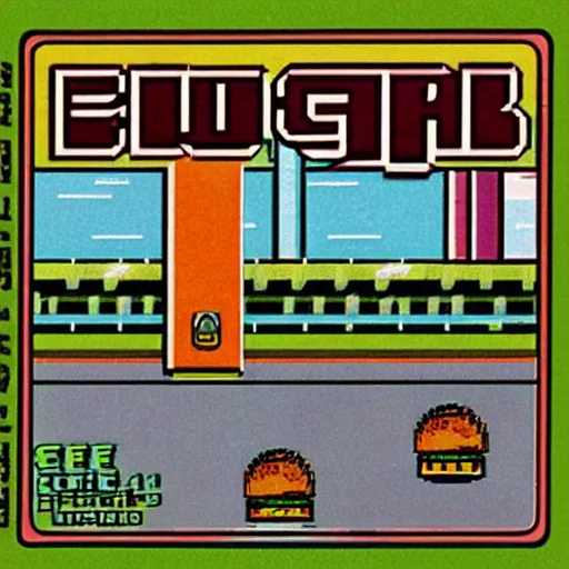 Image similar to video game box art of a commodore 6 4 game called burger dash.