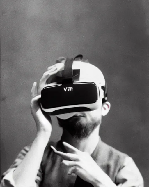 Prompt: 1 9 0 0 s photo of a person wearing a vr virtual reality headset
