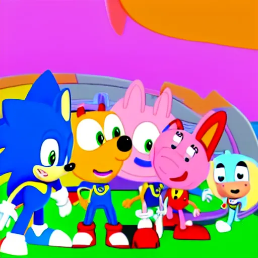 Image similar to sonic, peppa pig and the paw patrol crossover episode, cartoon network stillframe, hd, 4 k, hdr, smooth, sharp focus, high resolution, award - winning