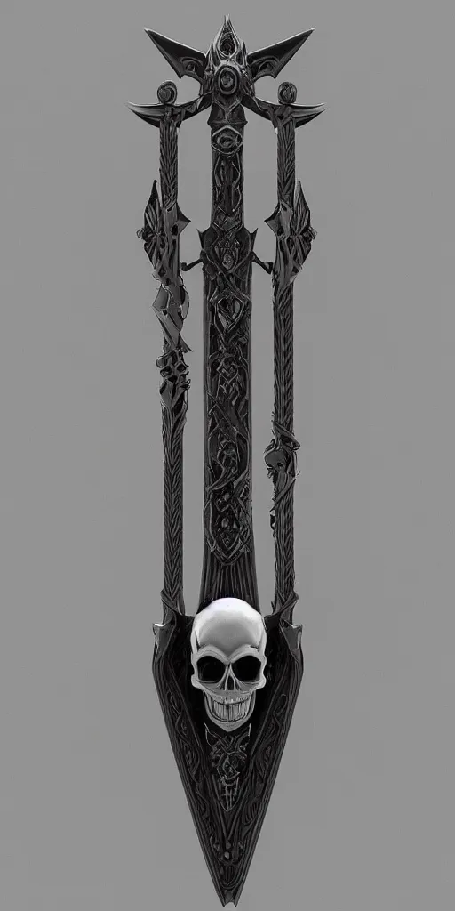 Image similar to a black and silver sword skull crest, ornament, weapon, a 3 d render by dom qwek, front side, concept art, trending on polycount, artstation, hard surface modeling, rendered in maya, zbrush, hd, vray, blizzard, symmetry