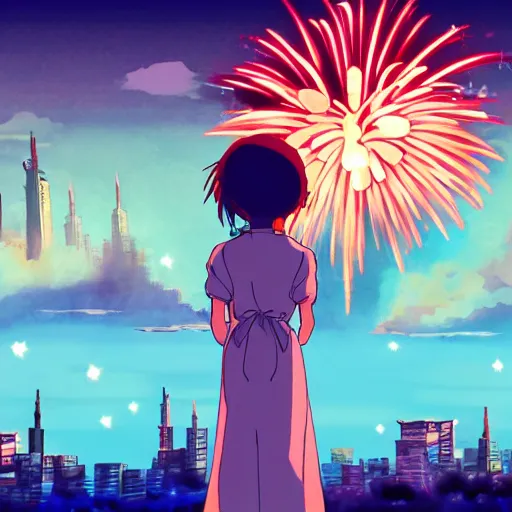 Prompt: girl watching fireworks over a city in the style of hayao miyazaki