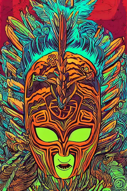 Prompt: totem animal mask tribal feather gemstone plant wood rock shaman vodoo video game vector cutout illustration vivid multicolor borderlands comics by josan gonzales and dan mumford radiating a glowing aura