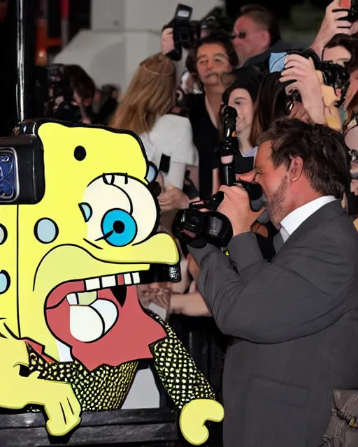 Prompt: Paparazzi photographers a terrified SpongeBob SquarePants at his movie premiere, photorealistic