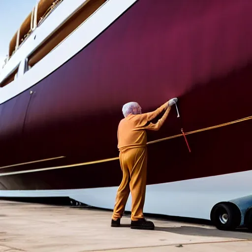Image similar to wrinkled hunchbacked old man in musty burgundy suit, polishing painting the side of a huge gold plated mega yacht with a cloth, maintenance photo