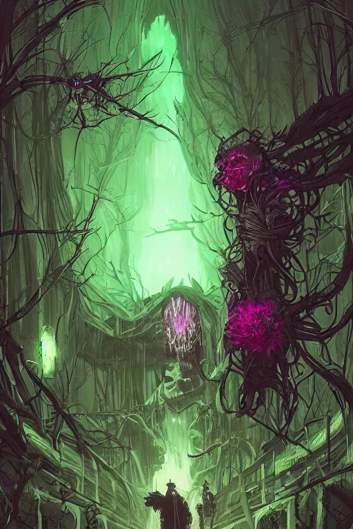 Image similar to spectral drifter, dark fantasy, flowers, pathway by josan gonzalez, black and green color scheme , horror, death, gore, guts, cgsociety