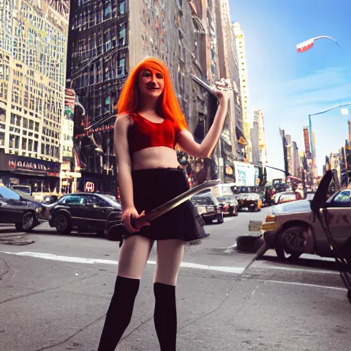 Prompt: a girl with a giant smile:: red hair:: freckles:: septum jewelry:: fair skin:: tattered ballet clothes:: she is holding a large sword:: standing in a busy street:: in New York city:: wide angle:: tilt shift lens:: full body:: long shot:: volumetric lighting:: cinematic:: 8K:: octane render:: trending on artstation:: hyper realistic:: photo realistic:: extreme detail::