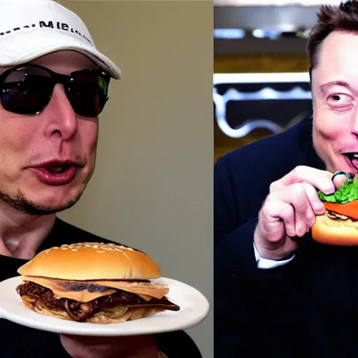 Prompt: elon musk eating a hamburger made of jeff bezos