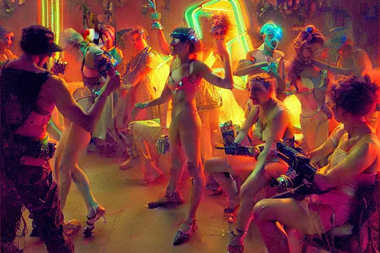 Image similar to futuristic techno party, summer, neon light, painting by gaston bussiere, craig mullins, j. c. leyendecker