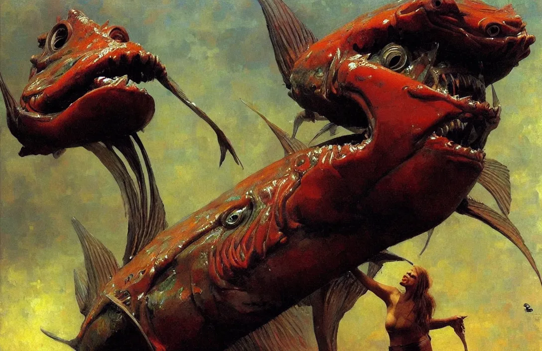 Prompt: fish creature with subtle human features!!!!!!!!!!!!!!!!!!!!!!!!!!!, detailed face, detailed painting, epic lighting, by ilya repin, phil hale and kent williams