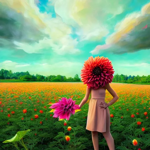 Image similar to giant dahlia flower head, full body girl standing in a flower field, surreal photography, sunrise, dramatic light, impressionist painting, colorful clouds, digital painting, artstation, simon stalenhag