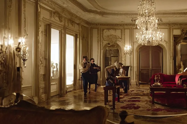 Image similar to cinematography of detectives investigating a crime scene in an decadent mansion foyer by Emmanuel Lubezki