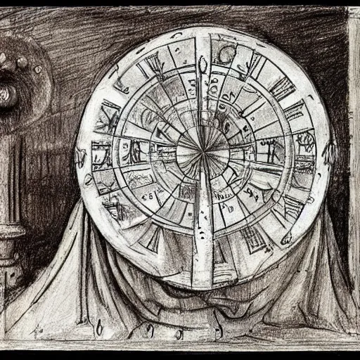 Prompt: a drawing of a time machine. By Leonardo Da Vinci.