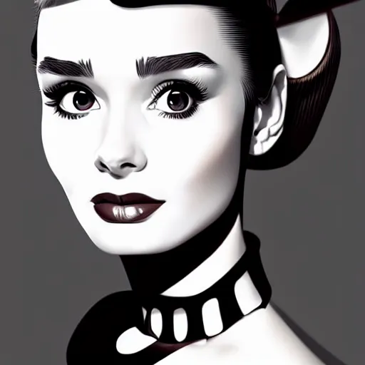 Prompt: in the style of diego fazio, artgerm, beautiful audrey hepburn, steampunk, elegant pose, middle shot, spooky, symmetrical face symmetrical eyes, three point lighting, detailed realistic eyes, short neck, insanely detailed and intricate elegant