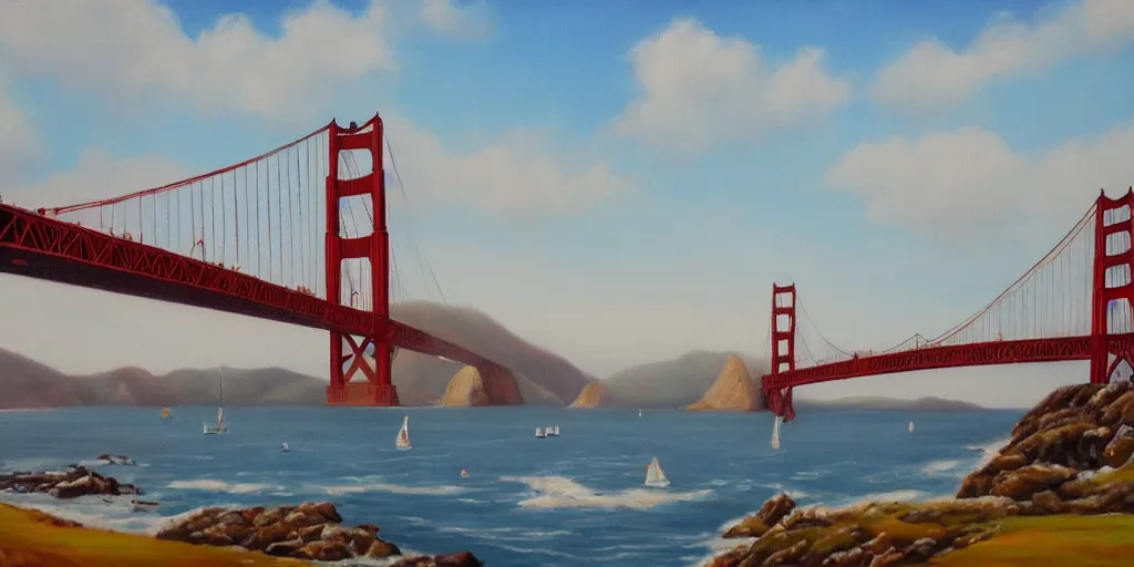 Prompt: beautiful oil painting of golden gate bridge by olof krans