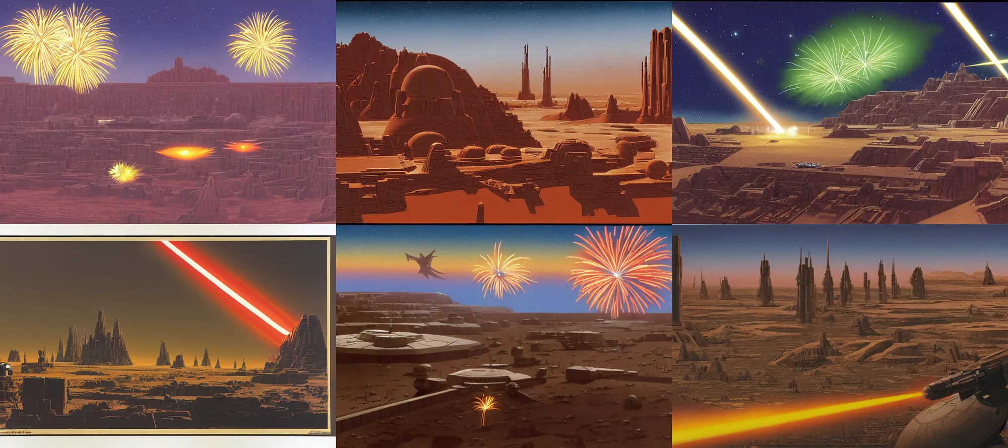 Prompt: fireworks over mos eisley painting by ralph mcquarrie