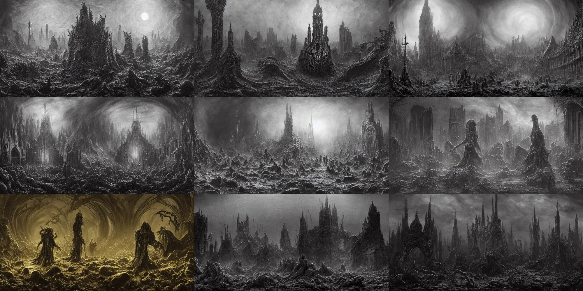 Prompt: eldritch squamous sinister sepulchral macabre unholy profane city of eldritch horrors, 8K, trending on artstation, golden ratio, rule of thirds, low key, ray tracing, establishing shot, extremely high detail, concept art, award winning, by Gustave Doré