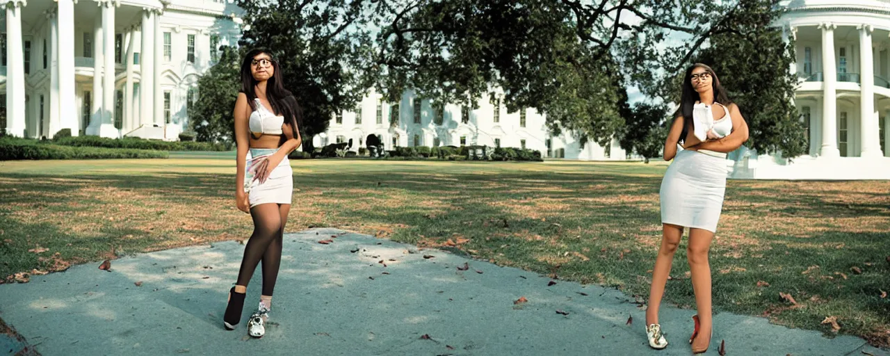 Prompt: mia khalifa in front of the white house, national geographic, canon 5 0 mm, cinematic lighting, photography, retro, film, kodachrome