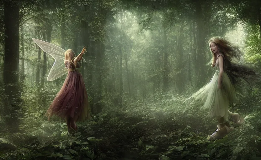 Image similar to a joyful fairy princess, in a dark forest, telephoto, cool tones, underexposed, overecast, mysterious matte painting by greg rutkowski and marc simonetti and ivan shishkin, 4 k