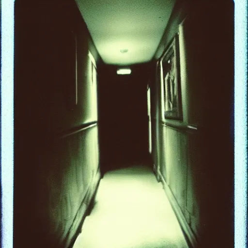 Image similar to a terrifying creature at the end of a hallway, dark!, creepy, nightmare fuel!!!, unsettling, uncanny valley!, old polaroid, expired film,