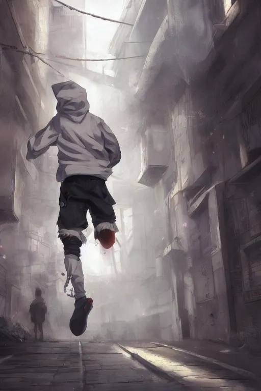 Prompt: anime teen boy with messy white hair wearing a hoodie running from police pursuit in an alleyway, concept art, wlop, digital painting, trending on artstation, highly detailed, epic composition, official media, 8 k uhd