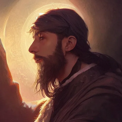 Prompt: a handsome young wizard confused about his decision between dark and light magic, volumetric lighting, D&D, fantasy, intricate, cinematic lighting, highly detailed, digital painting, artstation, concept art, smooth, sharp focus, illustration, art by Artgerm and Greg Rutkowski and Alphonse Mucha