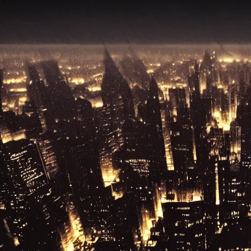 Image similar to The bitcoin signal shines into the clouds over new york city on a dark, foggy night, photo realistic