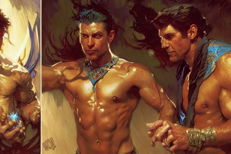 Image similar to 2 muscular attractive wizards playing magic, painting by gaston bussiere, craig mullins, greg rutkowski, alphonse mucha