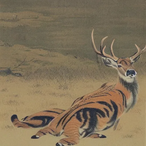 Image similar to a painting of deer in tiger skin and tiger in deer skin facing each other, their heads bowed towards ground by ohara koson