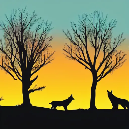 Prompt: silhouette art of a forest with wolves, stunning, sunset, intricate, 4 k wallpaper, trending on artstation gradient black to purple