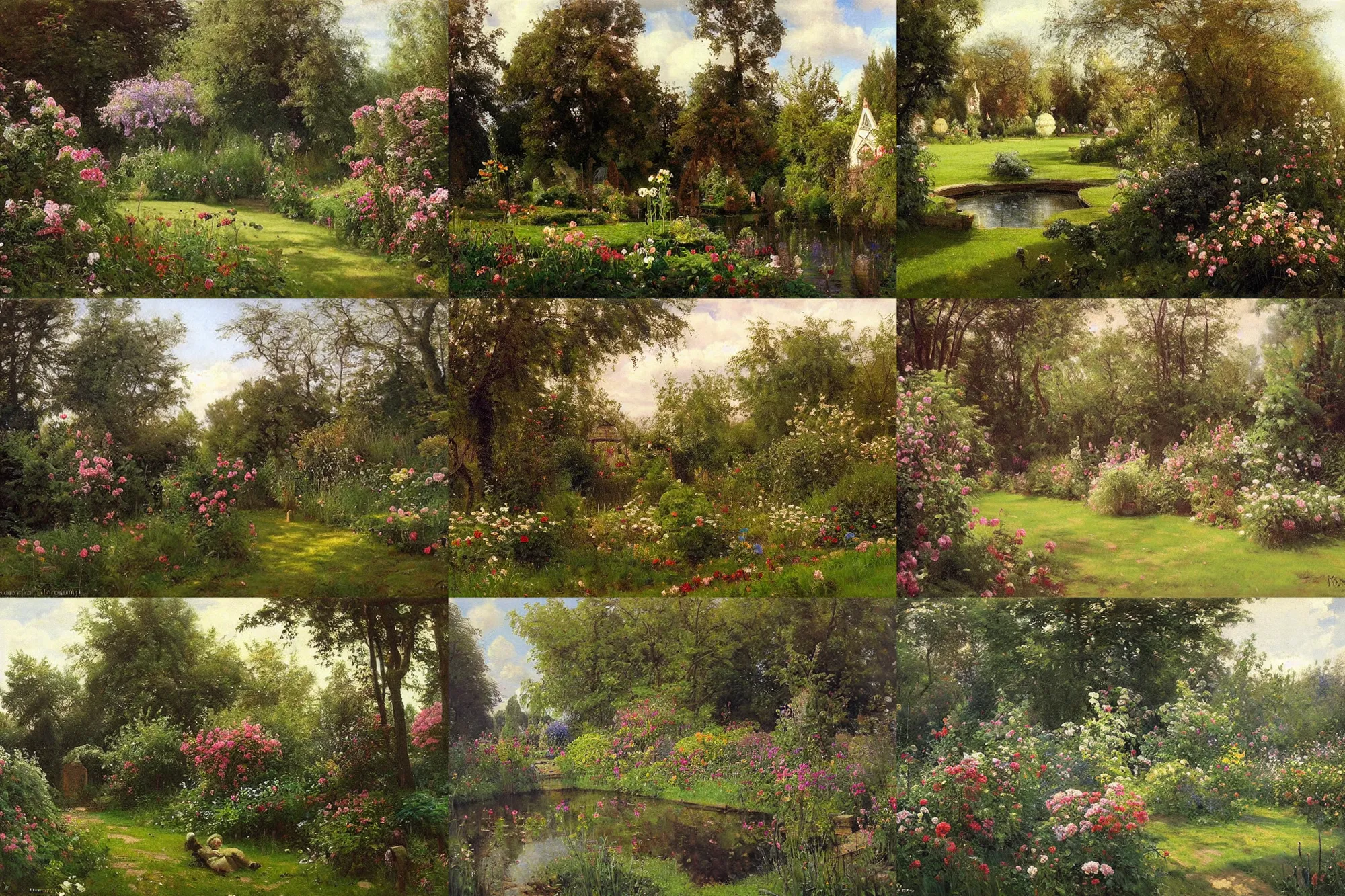 Prompt: Beautiful English garden, painted by Ivan Kramskoi