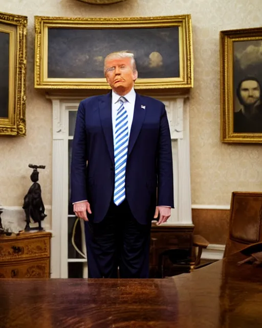 Image similar to donald trump with hippie hair, hippie clothes, smoking cannabis, standing in the oval office, photorealistic photographed in the style of annie leibovitz, studio lighting