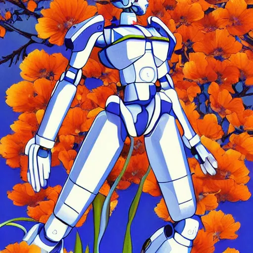 Image similar to a beautiful painting of a sleek humanoid mecha in a field of flowers by hiroshi nagai and hirohiko araki, detailed line art