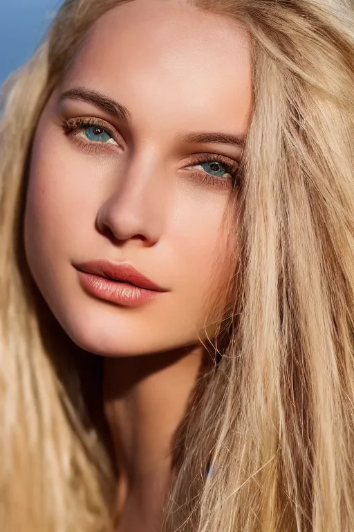 Image similar to head shot photo of a olive skinned blonde female model in her twenties, silky hair, wearing a designer top, looking content, photo realistic, extreme detail skin, natural beauty, no filter, slr, golden hour, 4 k, high definition, selfie