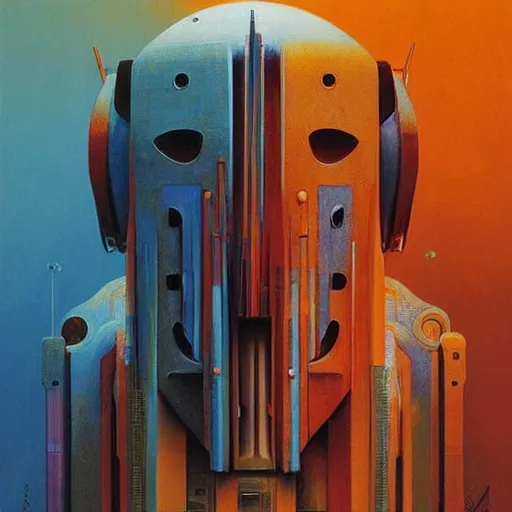 Image similar to portrait of a colourful tribal mecha robot, symmetrical, painting by zdzislaw beksinski,