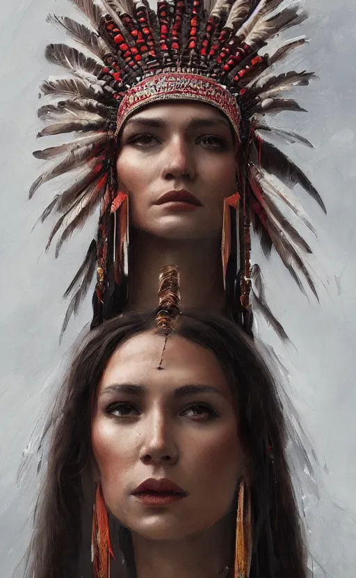 Prompt: gorgeous redskin woman wearing headdress, intricate, elegant, highly detailed, artstation, concept art, smooth, sharp focus, illustration, art by stefan kostic and greg rutkowski