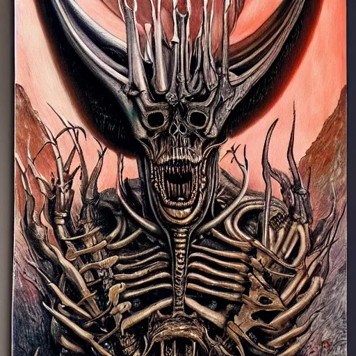 Prompt: painting by h. r. giger, fantasy demon rising from the ashes like a phoenix, metal album cover, punk, skeletal remains, condemned to misery, terminate, metal