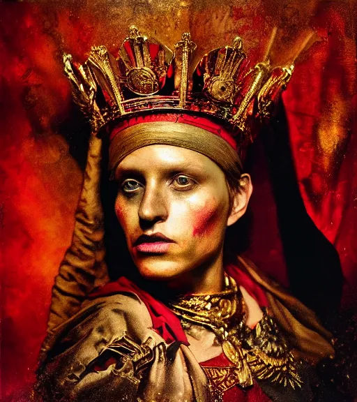 Image similar to 'Portrait of Crowned King Arthur' by Lee Jeffries royally decorated, whirling plasma, atmospheric motes, red and gold Sumptuous garb, gilt silk fabric, radiant colors, fantasy, perfect lighting, studio lit, micro details,