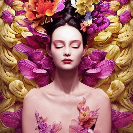 Image similar to the portrait of an absurdly beautiful, graceful, elegant woman made of bananas and petals, an ultrafine detailed illustration by irakli nadar, naoki ikushima, mika iizuka, intricate linework, bright colors, final fantasy, behance contest winner, angular, unreal engine 5 highly rendered, global illumination, radiant light, detailed and intricate environment