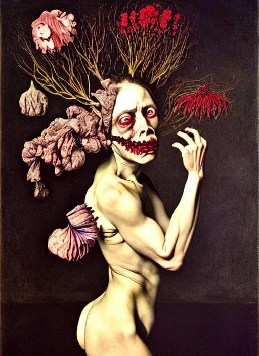 Prompt: beautiful rotten woman morphing into plants and many different types of beautiful flowers, muscles, organs, surreal, miguel angel, gustave courbet, caravaggio, romero ressendi, gunther von hagens