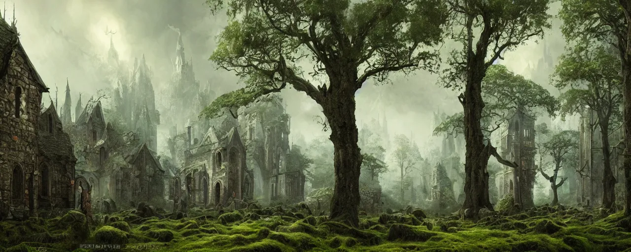 Prompt: a painting of a gothic medieval village in a mossy forest with giant trees, stunning intricate matte painting by senior environment artist, cgsociety, fantasy art