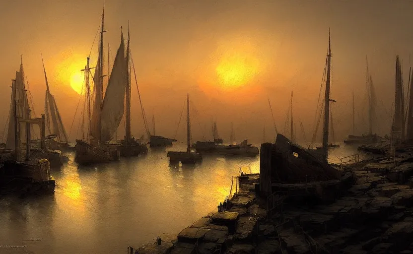 Image similar to an old harbour at dusk by greg ruthkowski and craig mullins and caspar david friedrich